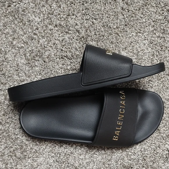 BALENCIAGA Black Pool Slides with Gold Logo display picture 3